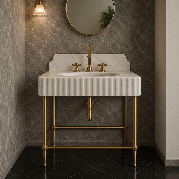 Carrara White Marble Sink | Handmade Fluted Vanity Basin with Optional Marble Backsplash | Luxury Bathroom Sink
