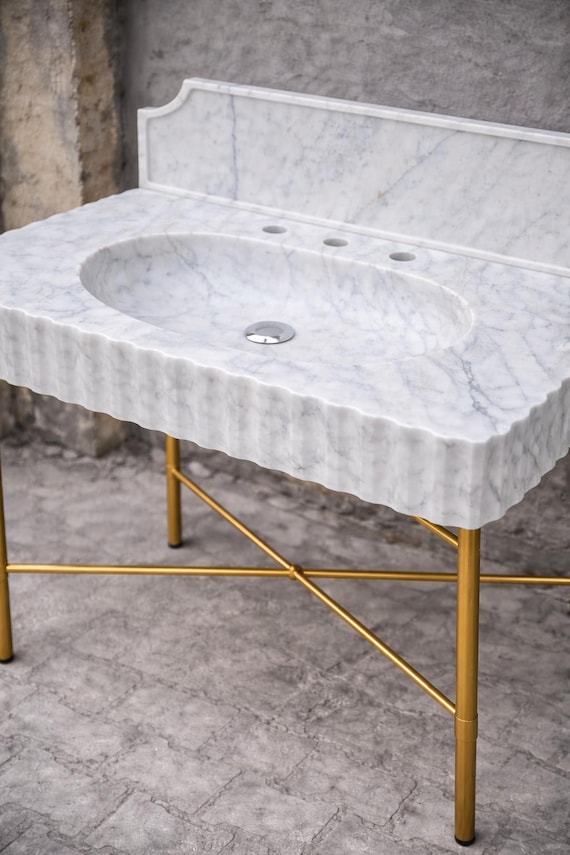Handmade Carrara Marble Sink | Fluted Vanity Basin with Optional Backsplash