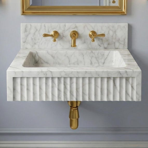 Handmade Carrara Marble Sink: Fluted Vanity Basin, Backsplash Option