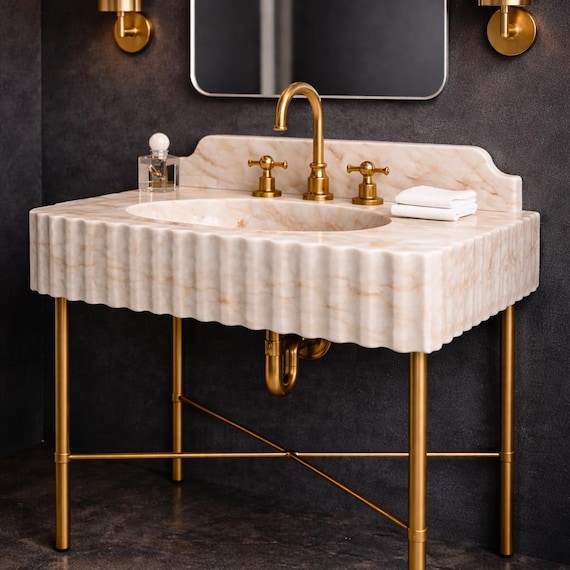 Calacatta Gold Marble Sink | Fluted Vanity Top with Optional Backsplash | Handmade Italian Bathroom Basin