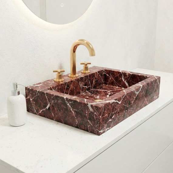Rosso Levanto Marble Sink Handmade – Modern Rectangular Bathroom Vanity Wall Mounted Sink
