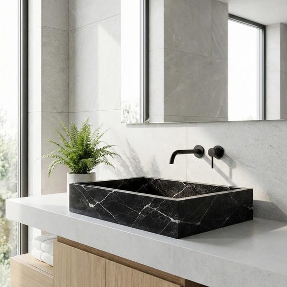 Modern Black Stone Vessel Sink Rectangular Marble Basin