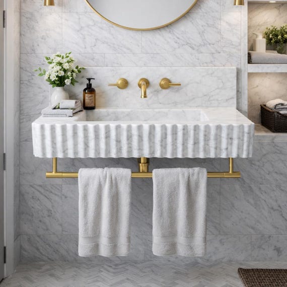 Carrara White Marble Fluted Sink, Wall Mounted Vanity