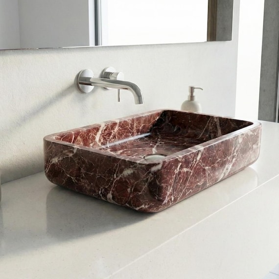 Rosso Levanto Marble Sink: Rectangular Red Stone Vessel Basin