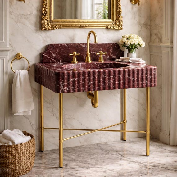 Rosso Levanto Marble Sink | Fluted Vanity Top with Optional Backsplash | Handmade Italian Bathroom Basin