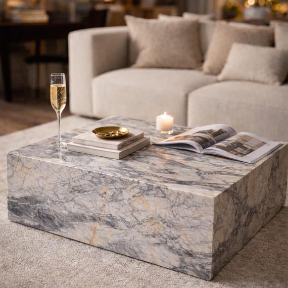 Angrel White Marble Plinth Coffee Table - Modern Rectangular Stone Block