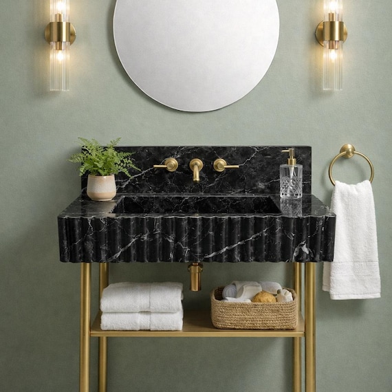 Black Fluted Marble Sink, Handmade Natural Stone Vessel Basin. Ribbed Modern Bathroom Sink
