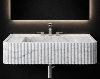 Italian Carrara Marble Fluted Sink, Minimalist Wall Hung Stone Vanity