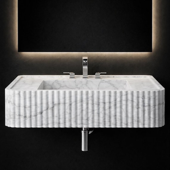 Italian Carrara Marble Fluted Sink, Minimalist Wall Hung Stone Vanity
