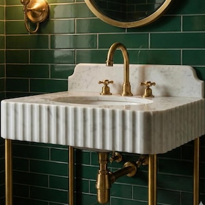 Carrara White Marble Sink | Fluted Vanity Top with Optional Backsplash | Handmade Italian Bathroom Basin image 4
