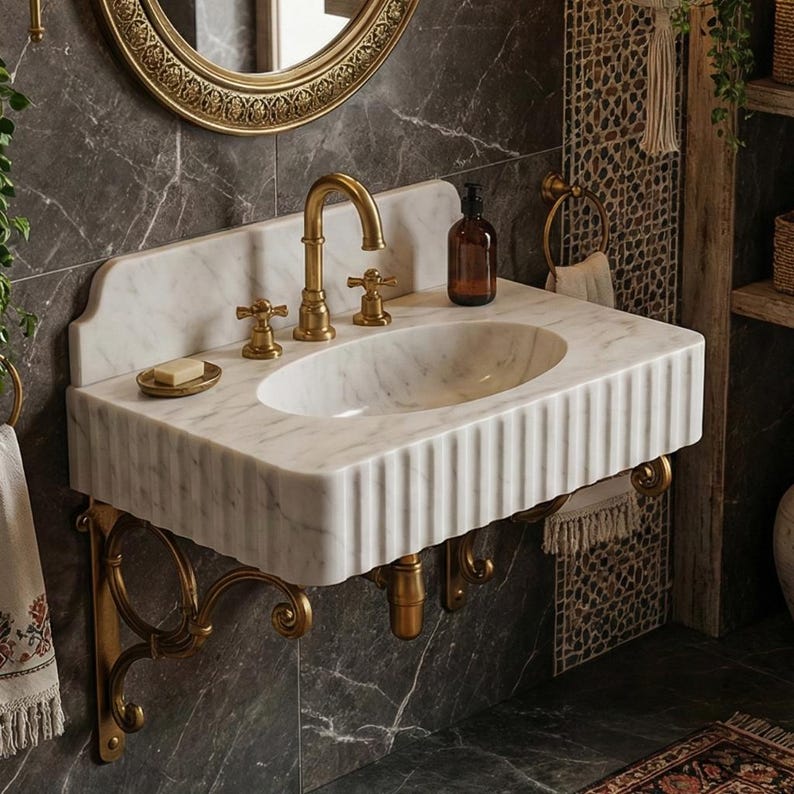 Carrara White Marble Sink | Fluted Vanity Top with Optional Backsplash | Handmade Italian Bathroom Basin image 6