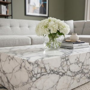May include: A white marble coffee table with gray veining. A clear glass bowl of white flowers sits on the table, along with books and decorative items. The table is in a living room setting.