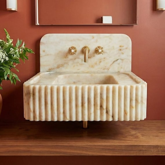 Calacatta Gold Marble Fluted Sink Wall Mount Basin with Backsplash