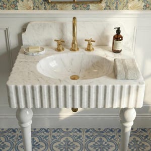 Carrara White Marble Sink | Fluted Vanity Top with Optional Backsplash | Handmade Italian Bathroom Basin image 12