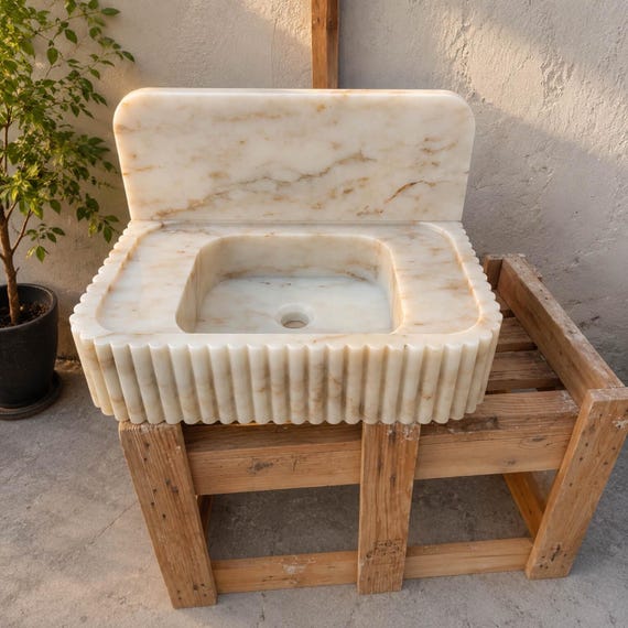 Calacatta Gold Marble Sink | Luxury Fluted Floating Bathroom Vanity Basin