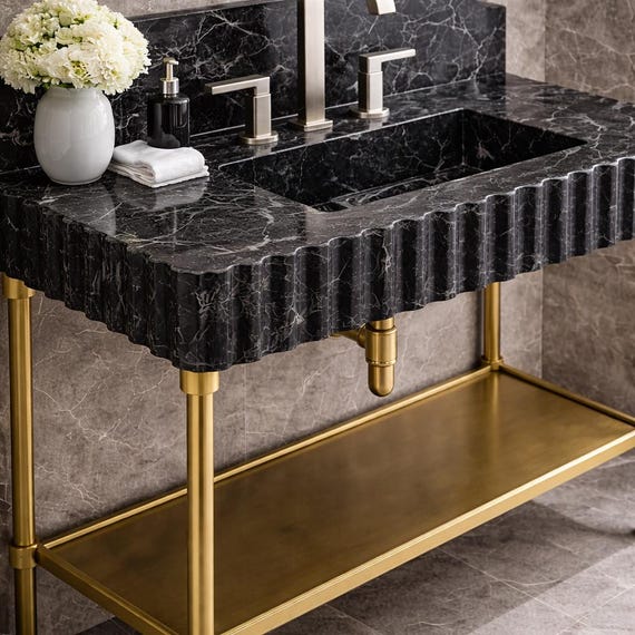 Handmade Taurus Black Marble Fluted Bathroom Sink with Integrated Backsplash Detail