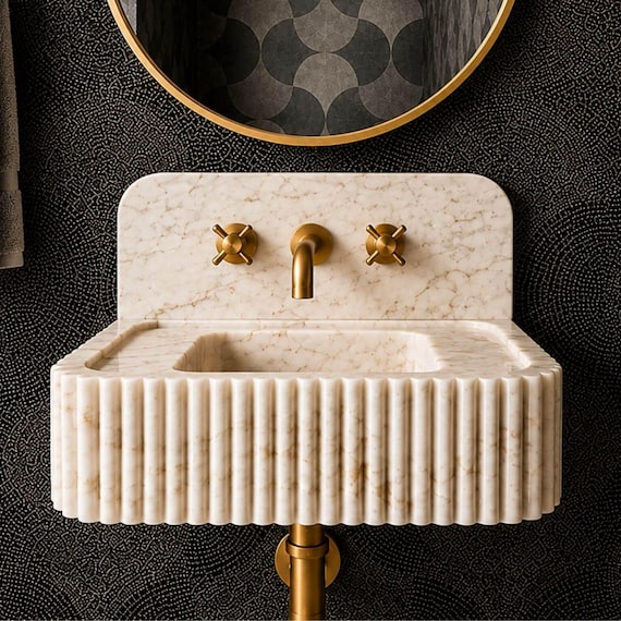 Calacatta Gold Marble Fluted Wall Mounted Sink, Luxury Floating Vanity Basin