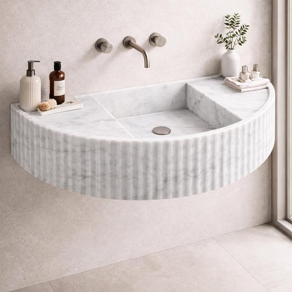 Modern Fluted Carrara White Marble Semi-Circular Wall-Mounted Basin