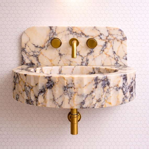 Calacatta Viola Marble Wall Mounted Sink – Fluted Design with Integrated Backsplash