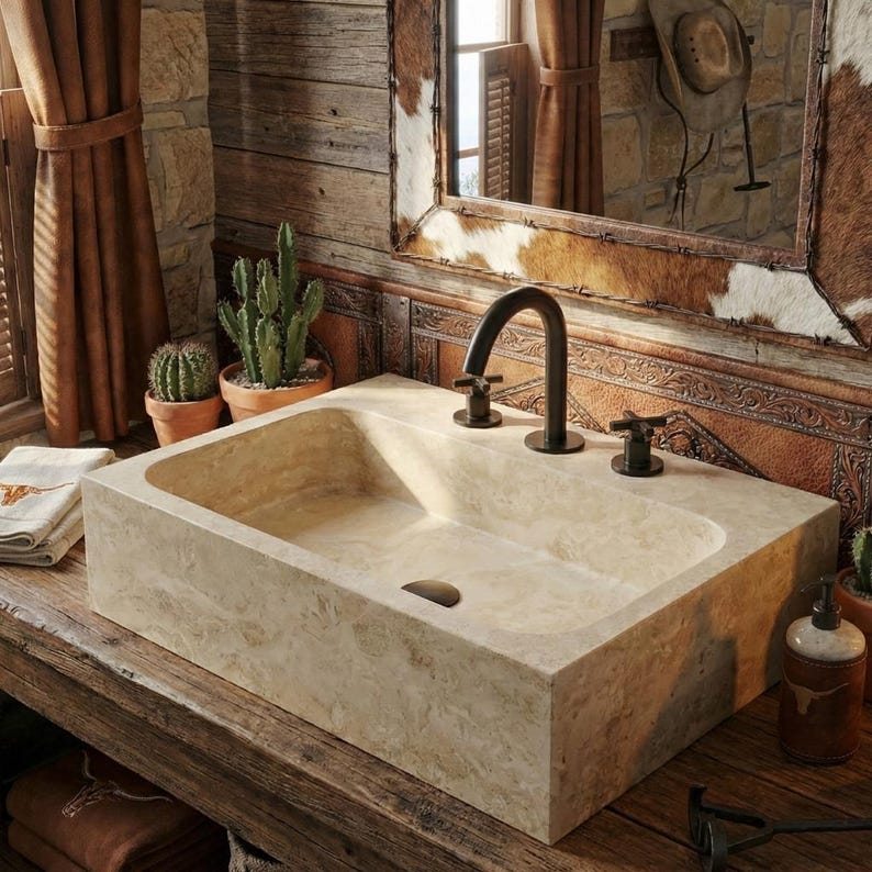 May include: A rectangular beige stone bathroom sink with a dark bronze faucet and fixtures. The sink is set on a rustic wooden vanity. The bathroom has a western theme with a cowhide mirror frame and cactus plants.