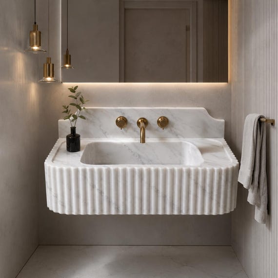 Carrara White Marble Fluted Sink – Handcrafted Vanity Basin for Modern Bathroom Design