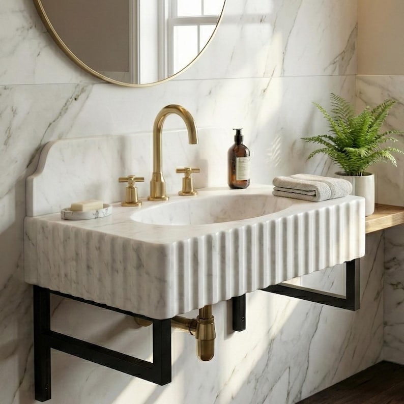 Carrara White Marble Sink | Fluted Vanity Top with Optional Backsplash | Handmade Italian Bathroom Basin image 10