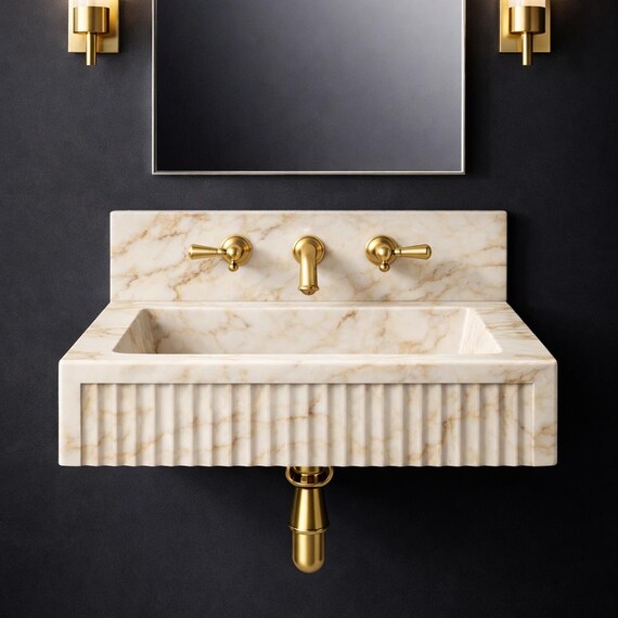 Handmade Calacatta Gold Marble Sink: Fluted Vanity Basin, Backsplash Option