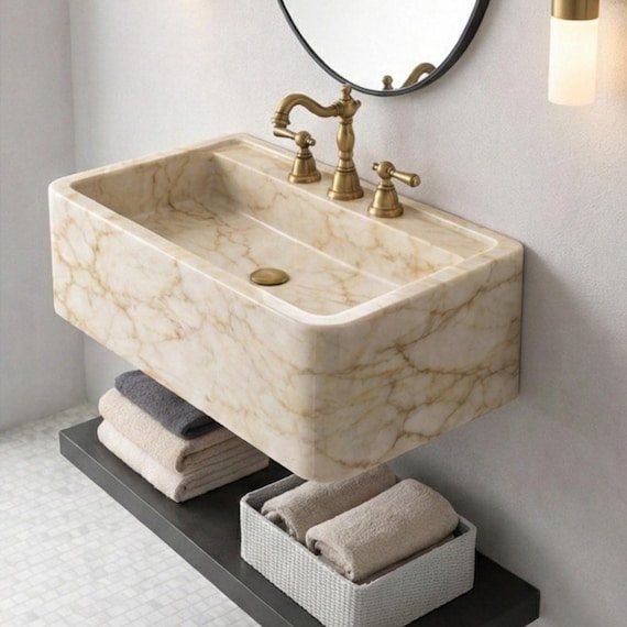 Calacatta Gold Marble Sink, Wall Mounted Stone Basin, Custom Rectangular Vanity, Luxury Washbasin