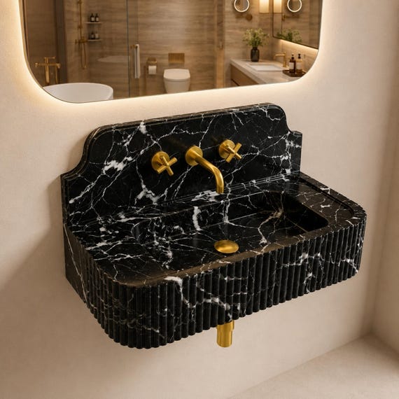 Nero Marquina Wall Mount Sink, Fluted Black Marble Basin, Luxury Floating Vanity with Backsplash