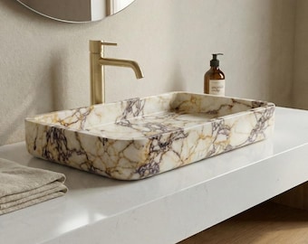 Lavabo de Mármol Calacatta Viola, Lavabo Sobre Encimera Rectangular, Lavabo de Piedra Natural de Lujo Moderno