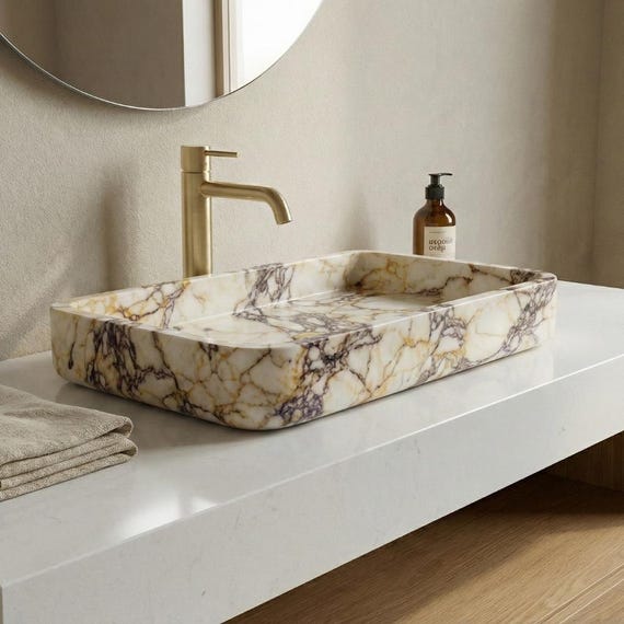 Calacatta Viola Marble Sink, Rectangular Vessel Basin, Luxury Modern Natural Stone Washbasin