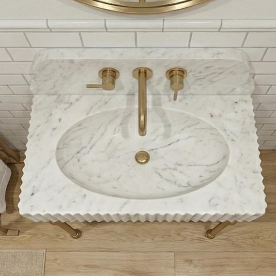 Carrara White Marble Sink | Fluted Vanity Top | Handmade Italian Bathroom Basin