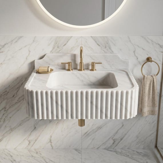Carrara White Marble Fluted Bathroom Sink with Backsplash