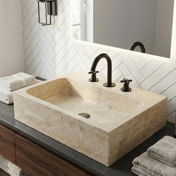 Luxury Beige Marble Sink Handmade – Modern Rectangular Bathroom Vanity Wall Mounted Sink