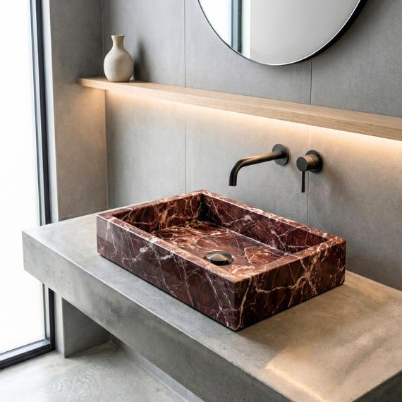 Rosso Levanto Marble Sink Rectangular Stone Vessel Basin Luxury Bathroom Vanity Top Powder Room