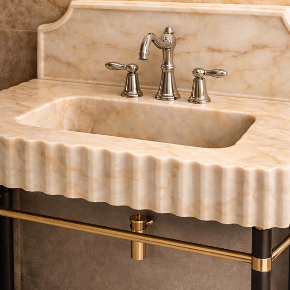 Handmade Calacatta Gold Marble Vanity Sink | Fluted Front, Integrated Backsplash