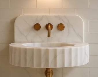 Carrara White Marble Wall Mounted Sink – Fluted Design with Integrated Backsplash