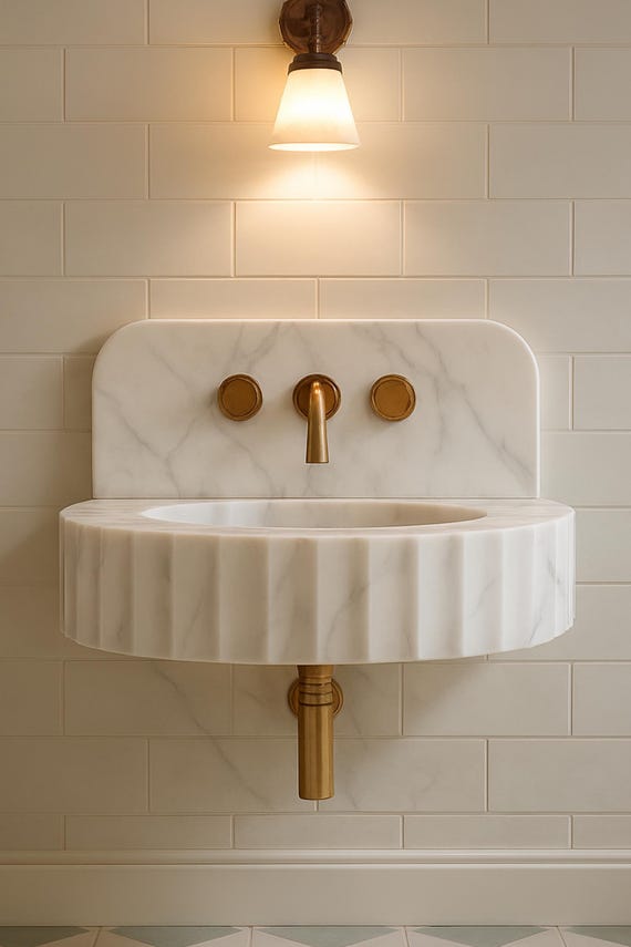 Carrara White Marble Wall Mounted Sink – Fluted Design with Integrated Backsplash