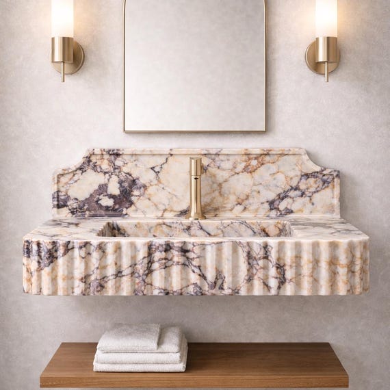 Handmade Calacatta Viola Marble Sink | Fluted Wall-Mounted Vanity