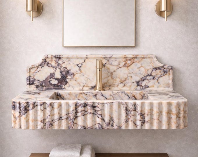 Featured listing image: Handmade Calacatta Viola Marble Sink | Fluted Wall-Mounted Vanity