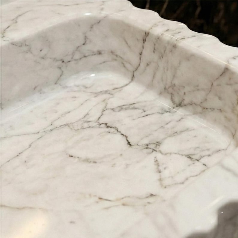 White Carrara Marble Ribbed Sink Basin Wall Hung - Modern Luxury Natural Stone Bathroom Vanity image 5