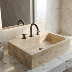 May include: A rectangular beige stone bathroom sink with a curved faucet and two cross-shaped handles. The sink is set on a marble countertop, with water droplets visible on the surface. A mirror and window are in the background.