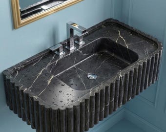Handmade Black Fluted Marble Sink: Luxury Stone Basin, Custom Size