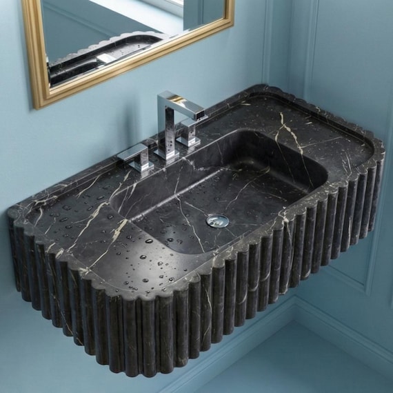 Handmade Black Fluted Marble Sink: Luxury Stone Basin, Custom Size