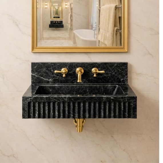 Black Marble Fluted Wall Sink with Backsplash, Handcrafted Wall Mounted Basin, Ribbed Stone Vanity