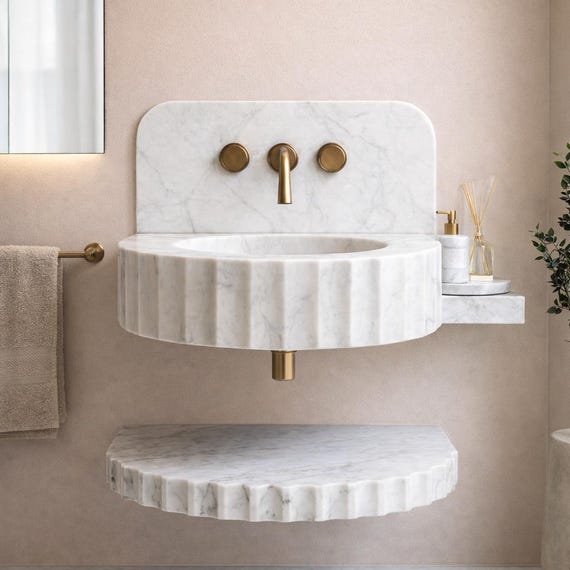 Fluted Carrara Marble Sink with Backsplash and Shelf, Wall Mounted Vanity