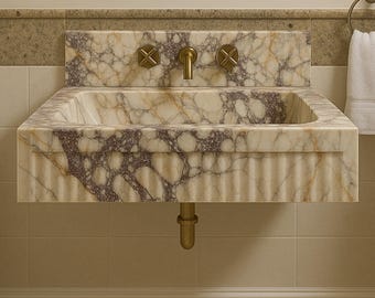 Handmade Calacatta Viola Marble Sink: Fluted Vanity Basin with Backsplash | Eterna Collection