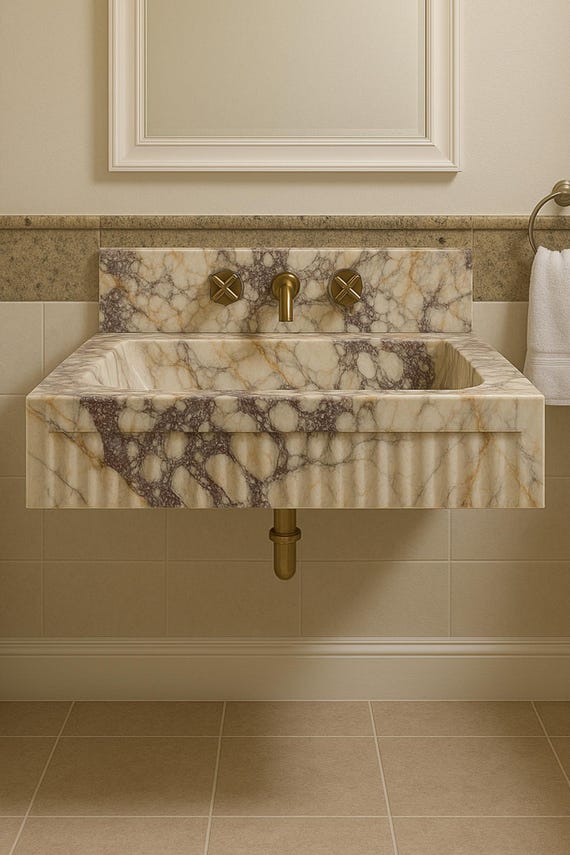 Handmade Calacatta Viola Marble Sink: Fluted Vanity Basin with Backsplash | Eterna Collection