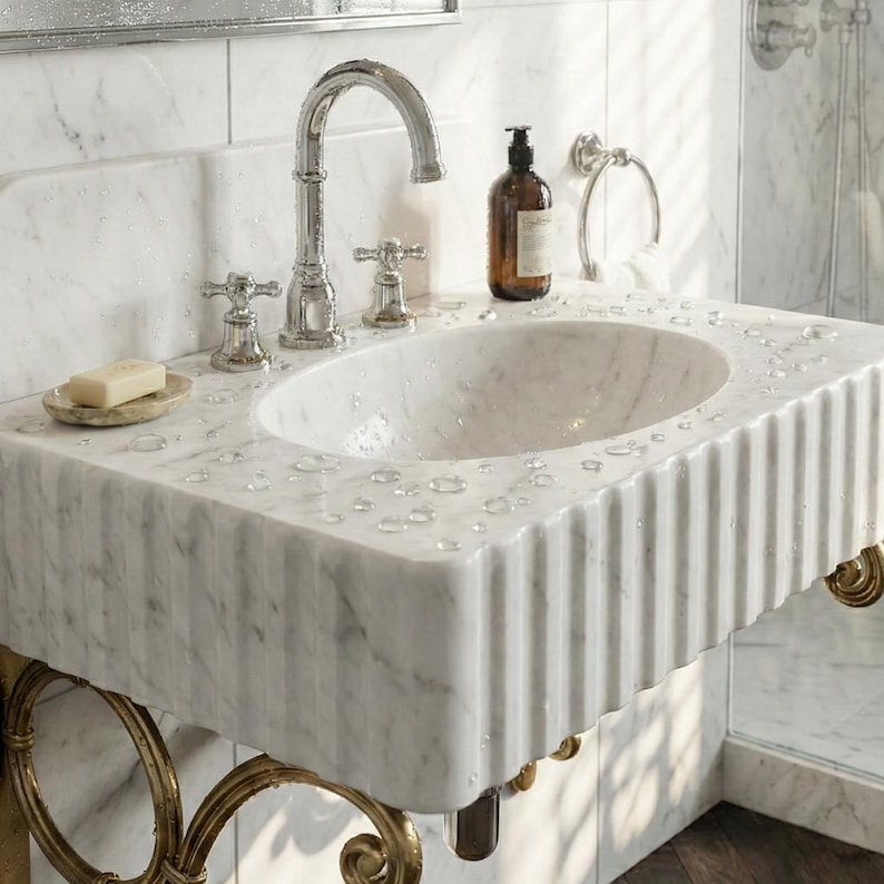 Carrara White Marble Sink | Fluted Vanity Top with Optional Backsplash | Handmade Italian Bathroom Basin image 9