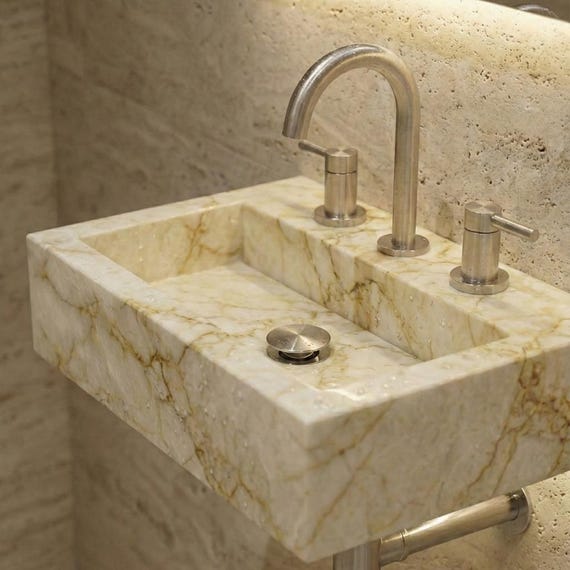 Luxury Calacatta Gold Marble Sink, Rectangular Wall Mounted Floating Basin for Modern Bathroom
